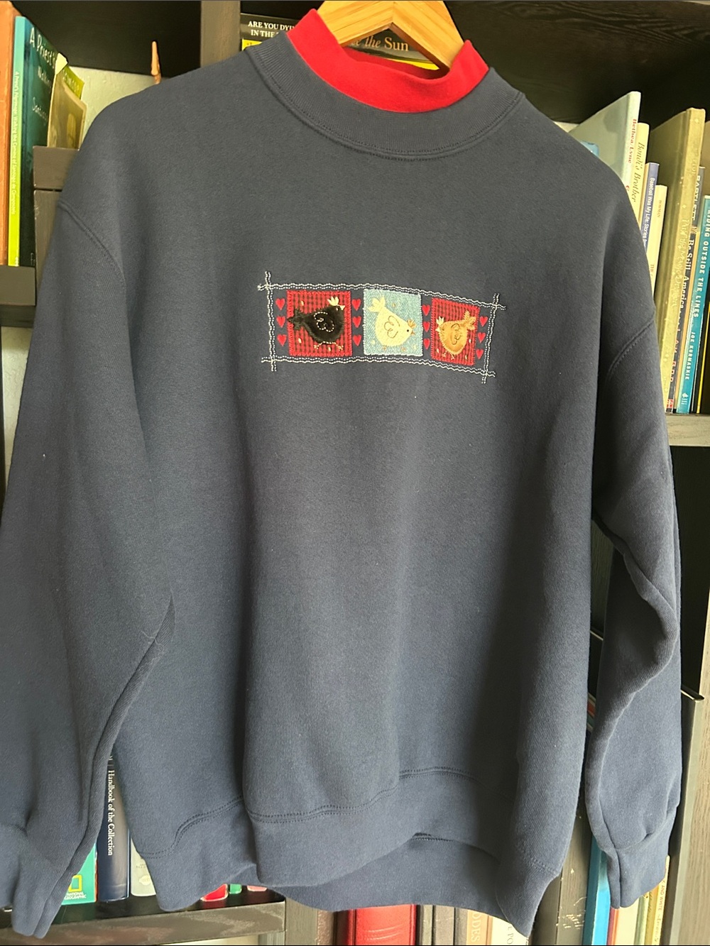 Vintage Navy Pullover Sweatshirt with Red Neck Trim and 3 Chickens Patch